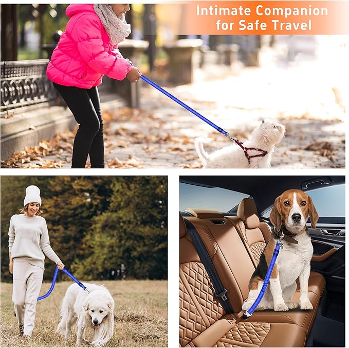 Seyezo Dog Car Seat Belt - 3 Piece Set Retractable Harness, Adjustable Reflective Seatbelt for Vehicle Headrests, Safety Restraint Heavy Duty & High Elastics, Navy Blue