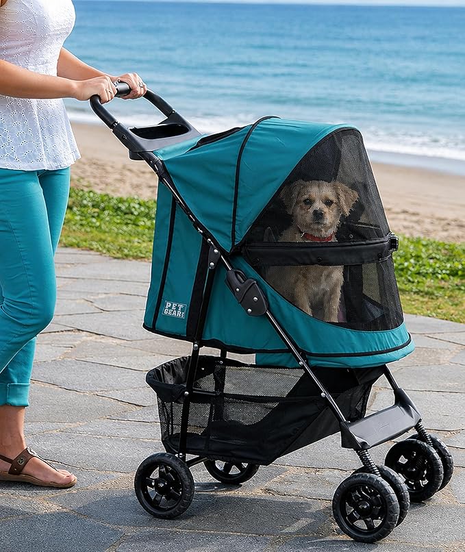 Pet Gear No-Zip Happy Trails Pet Stroller for Cats/Dogs, Zipperless Entry, Easy Fold with Removable Liner, Storage Basket + Cup Holder, Pine Green