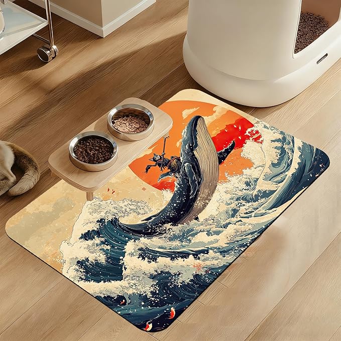 Wave Cat Dog Food Mat,Ukiyo-e Whale Absorbent Quick Dry Feeding Placemat for Food and Water Bowls, Non Slip Rubber Backing, Waterproof Pet Supplies for Mess-Free Eating 16"x24"