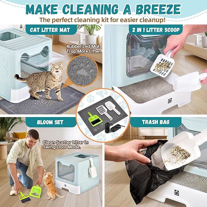 Covered Cat Litter Box with Litter Mat, Foldable Extra Large Dual Entry Adjustable Door, Drawer Design Enclosed Kitty Litter Box, Odor Control Anti-Splashing Easy Cleaning (Light Blue)
