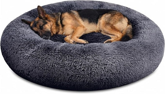 SAVFOX 45 inches Calming Donut Dog Bed - 3X Durable Plush Faux Fur, Machine Washable & Non-Slip, Fits up to 150 lbs, Dark Grey