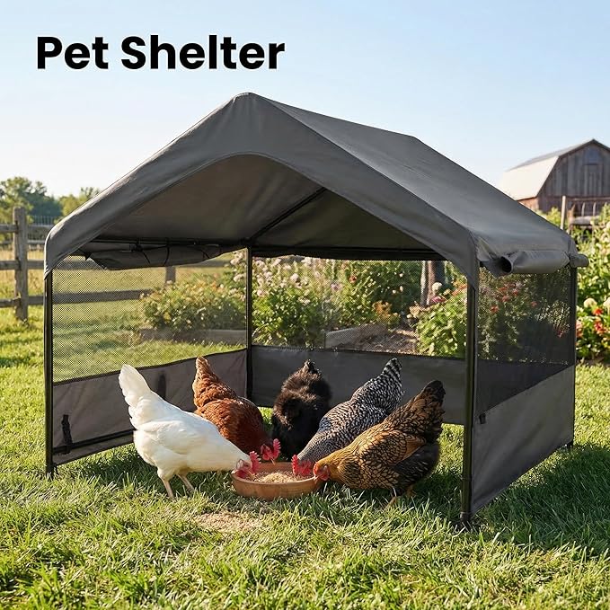Dog Tent House Outdoor Shade 4'x4'x3' Shelter for Large Medium Pets,Outside Sun Rain Waterproof Canopy with Three-Sided Breathable Mesh Windows,Livestock House with Ground Nails,Dark Gray