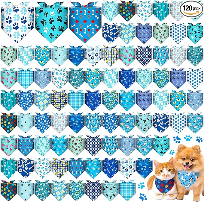 Youyole 120 Pcs Boy Dog Bandanas Bulks Summer Hawaiian Pet Scarf Blue Paw Print Dog Bandanas Cat Triangle Scarves Pet Bibs Cute Dogs Scarf for Puppy Cat Birthday Beach Party Costume
