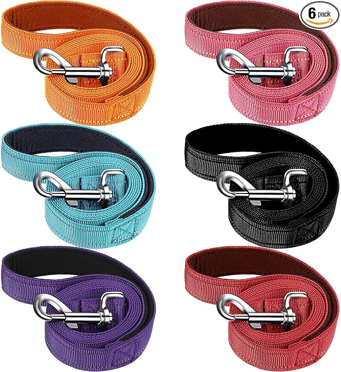 6 Pieces Dog Leash Bulk for Medium and Large Dog, Heavy Duty Nylon Pack Dogs Leashes Padded Handle Double Sided Reflective Puppy Collar for Walking, Training, 5 Feet(Classic)