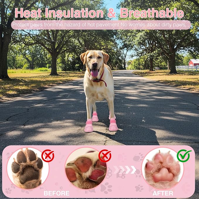 Dog Shoes for Hot Pavement and Snow - Waterproof, Non-Slip, Breathable Booties with Adjustable Straps for Small Medium, and Large Dogs (Pink, M)