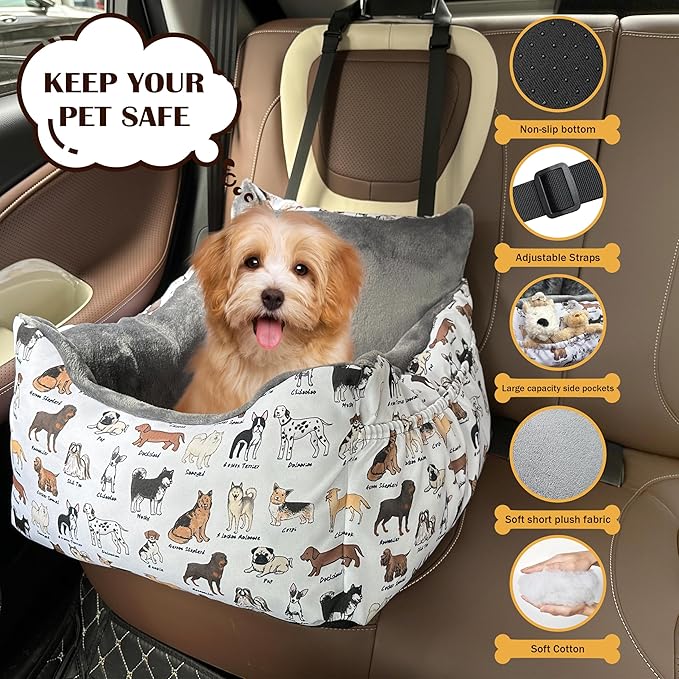 Dog Car Seats for Small Medium Sized Dogs Carseat for Car Funny Fuzzy Pet Dog Booster Car Seat Puppy Under 27 Lbs with Soft Plush Cushion&Washable Removable Cover