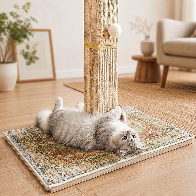 Tall Cat Scratching Post for Indoor Cats Adults, 33'' Large Cat Scratch Post with Perch, Cute Cat Scratching Post with Boho Carpet ＆ Dangling Ball Toys, Green