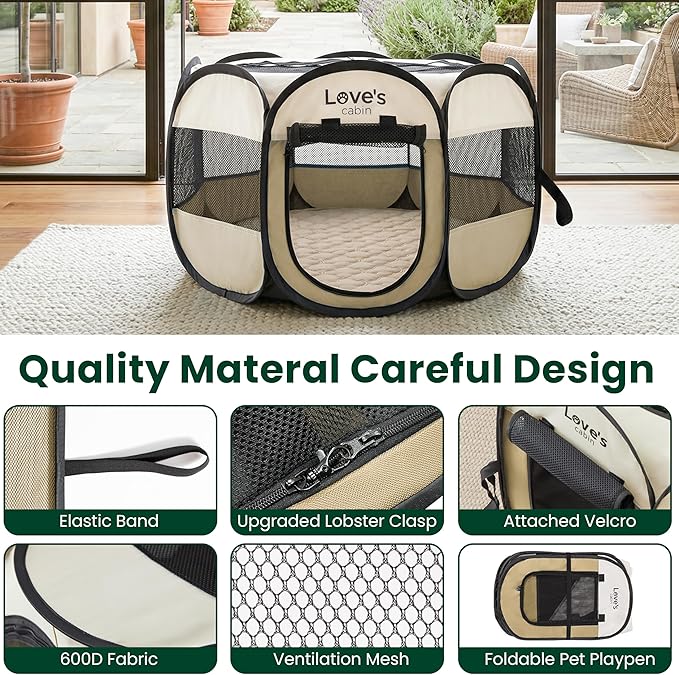 Love's cabin Dog Playpen with Washable Pee Pad, Puppy Pet Cat Playpen Small Dogs Tent Crate Indoor/Outdoor, Portable Pop Up Kennel with Carrying Case for Cats/Rabbits(Khaki,Small with pad)