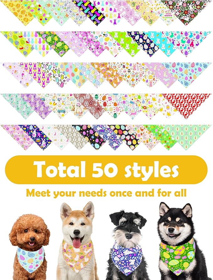 PET SHOW 50 Pack Easter Dog Bandanas Bulk for Small Dogs Cats Puppys XS Washable Adjustable Dog Scarf Triangle Bibs Pet Green Yellow Decorative Grooming Accessories
