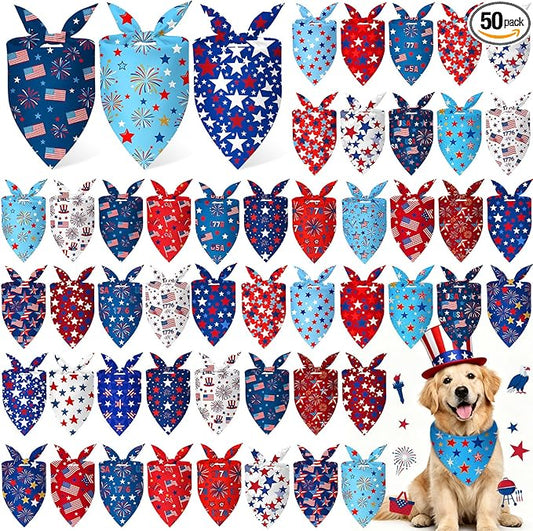 Abbylike 50 Pcs Patriotic Dog Bandanas Bulk 4th of July Bandanas for Dogs Star Triangle Kerchief Bib Scarf Set for Pet Independence Day 250th Anniversary Party Costume, 25 Styles(31.5 x 21.7 x 21.7)