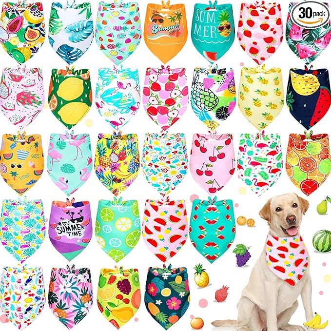 Eccliy 30 Pack Dog Bandanas Summer Bulk Fruit Dog Bandanas Adjustable Soft Triangle Scarf Washable Polyester Girl and Boy Pet Costume Bib with Fruit Patterns Large Pet Grooming Accessories Spring