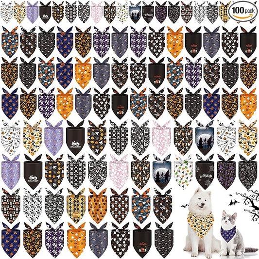 Huhumy 100 Pcs Halloween Dog Bandanas Bulk 3 Sizes Dog Washable Bandana Adjustable Washable Pumpkin Scarf for Halloween Holiday Small Medium Large Pet Supplies