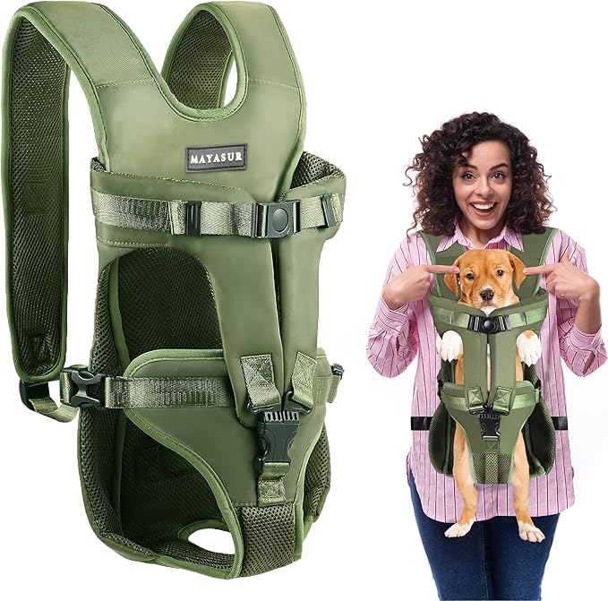 MAYASUR Pet Front Dog Carrier Backpacks, Adjustable Dog Backpack Carrier, Legs Out Easy-fit Dog Chest Carrier for Small to X Large Dogs, Dog Front Carrier for Hiking, Cycling (Army Green, Large)