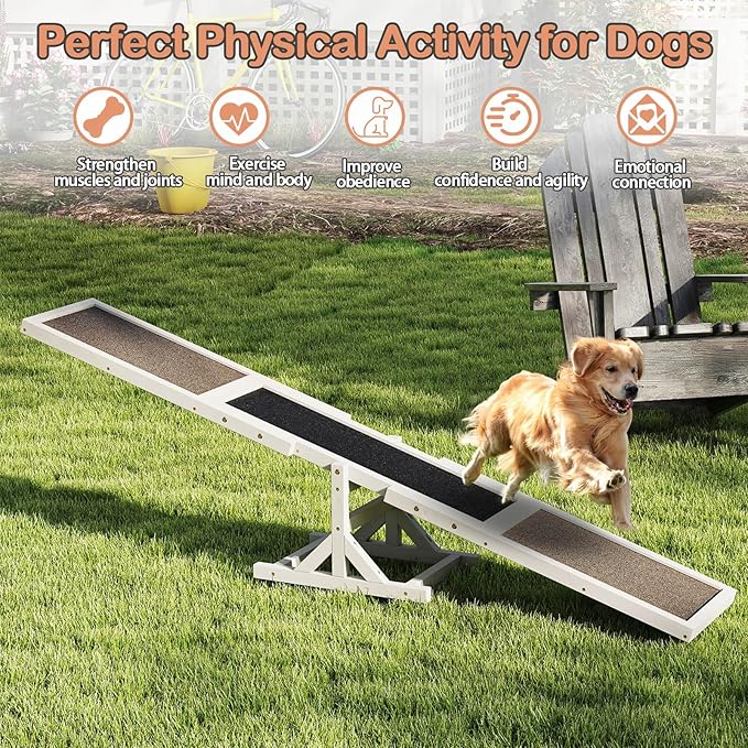 PETSITE Wooden Dog Agility Seesaw, Dog Exercise & Play Set, Outdoor Run Game Toy, Climbing Platform Balance Training Equipment, Weatherproof Pet Supplies for Backyard Obstacle Courses (White)