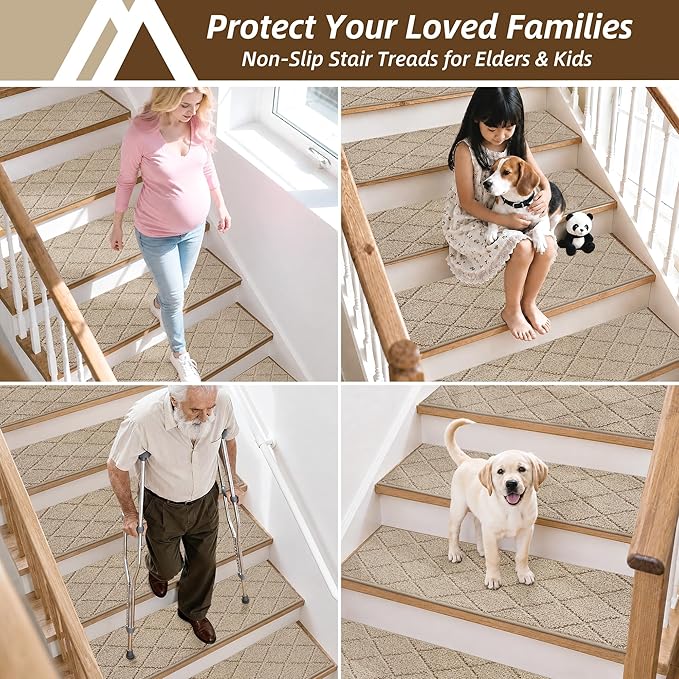 COSY HOMEER Stair Treads for Wooden Steps 11"x30" Washable Indoor Carpet Stair Treads Non Slip Soft Polyester Stair Carpet Tread Reusable Stair Runner Rugs for Kids, Elders,Pets,Beige,4pcs