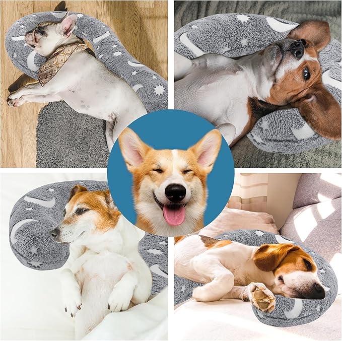 Pet Calming Pillow for Dogs, Soft U-Shaped Pillow Glow in the Dark, Joint Relief, Sleep Comfortably,Suit for Small, Medium, Large Dogs, Fluffy Pet Neck Pillow (L-Gray)
