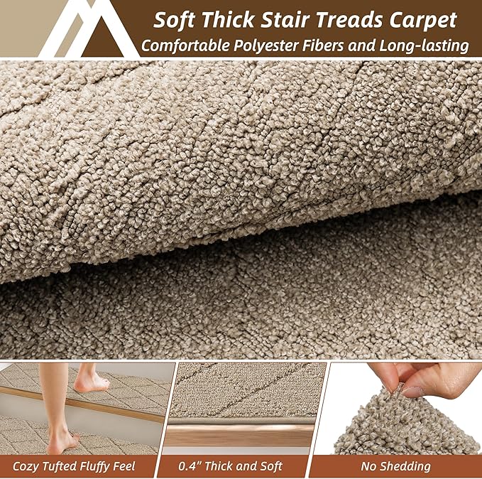 COSY HOMEER Stair Treads for Wooden Steps 11"x30" Washable Indoor Carpet Stair Treads Non Slip Soft Polyester Stair Carpet Tread Reusable Stair Runner Rugs for Kids, Elders,Pets,Beige,4pcs