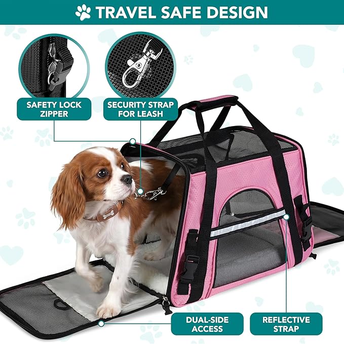 PetAmi Airline Approved Pet Carrier for Cats & Small Dogs, Soft Sided TSA Travel Carrier Bag with Sherpa Bed, Breathable Mesh Ventilation, Collapsible Bowl, Fits Under Seat, Up to 18 lbs, Large Pink