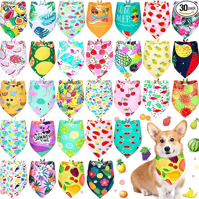 Eccliy 30 Pack Dog Bandanas Summer Bulk Fruit Dog Bandanas Adjustable Soft Triangle Scarf Washable Polyester Girl and Boy Pet Costume Bib with Fruit Patterns Medium Pet Grooming Accessories Spring