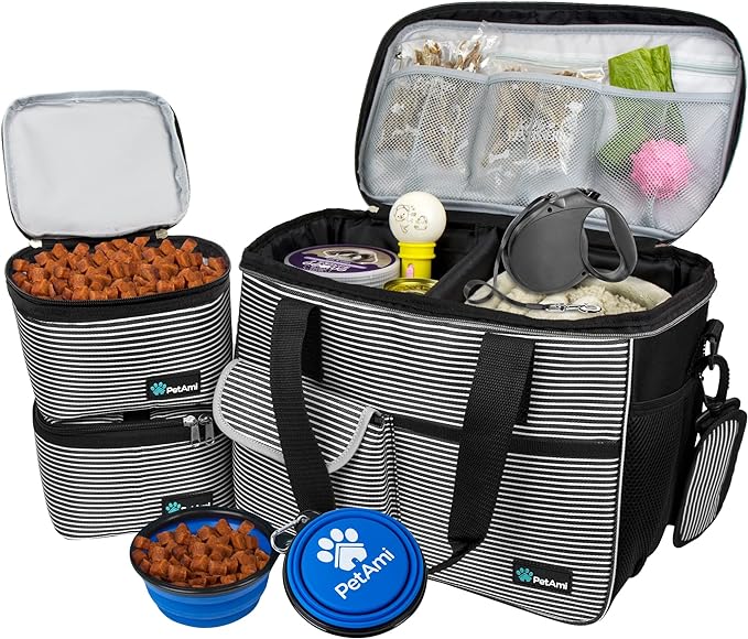 PetAmi Dog Travel Bag, Travel Pet Bag Organizer, Dog Food Travel Bag with Container Collapsible Bowls, Pet Travel Supplies Gift Accessories Weekend Camping, Puppy Cat Diaper Bag, Stripe Black Medium