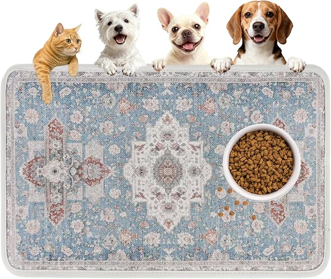 PUPTECK Dog Food Mat, Absorbent Pet Feeding Bowl Mat, Non-Slip Dog Mat for Food and Water, Quick Dry No Stains Cat Placemats Pet Supplies for Messy Drinkers, Blue 16"x24"