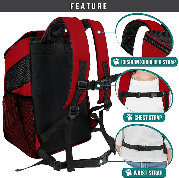 PetAmi Cat Backpack Carrier, Airline Approved Pet Carrier Backpack for Small Dogs and Large Cats, Soft Sided Collapsible Ventilated with Sherpa Bed for Hiking Travel, Max 18 lbs, Red