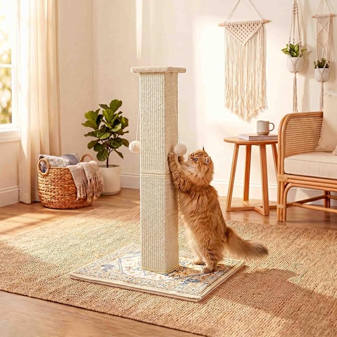 Tall Cat Scratching Post for Indoor Cats Adults, 33'' Large Cat Scratch Post with Perch, Cute Cat Scratching Post with Boho Carpet ＆ Dangling Ball Toys, White