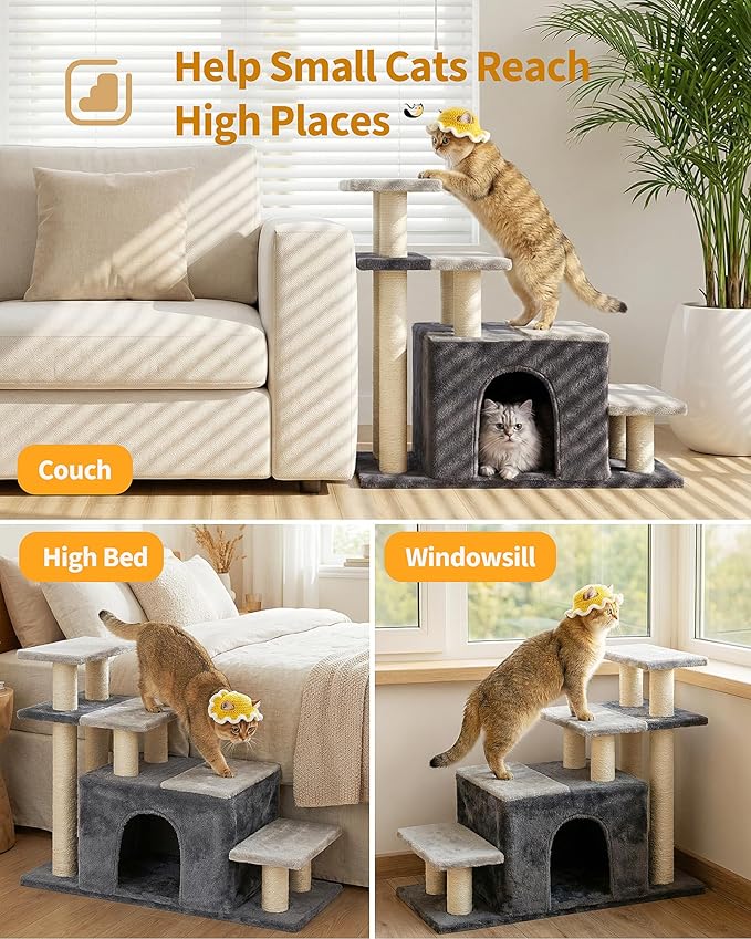 Aechonow 4-Tier Cat Stairs for High Bed with 22'' Cat Scratching Post, Pet Steps for Doggies Rabbit Ferret, Adjustable Cat Cave, Grey, Extra Large