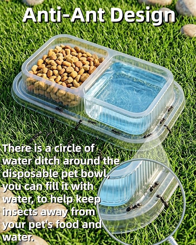 100 Pcs Disposable Pet Bowls, Plastic Double Dish, Anti-Ant, No Spill, Non-Slip, for Outdoor Small and Medium Dogs and Cats