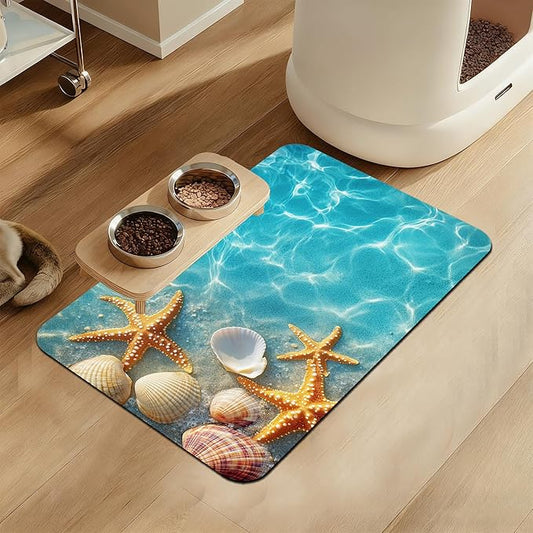 Starfish Seashell on Beach Pet Feeding Mat for Floors–Absorbent Quick Dry Dog Cat Bowl Mat for Food and Water, Non Slip Waterproof Base, Mess-Free Feeding Accessories 12"x20"