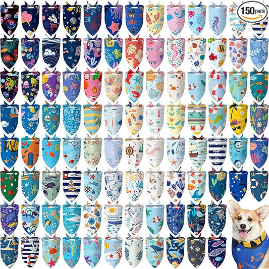 Huhumy 150 Pcs Ocean Dog Bandanas Bulk Summer Pet Bibs Triangle Ocean Themed Pet Scarf Bandanas for Medium Large Dogs Birthday Summer Beach Costume Decoration