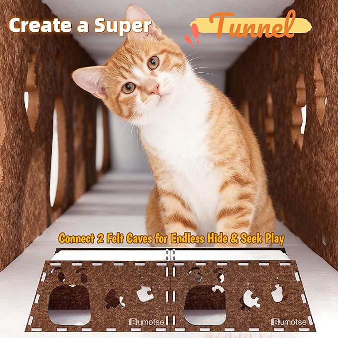 Felt Cat Bed Cave for Indoor Cats, Modular Tunnel Hideaway House for Large Cats Up to 22LB, Cozy Washable Felt Cat Condo for Sleeping, Playing & Hiding, Coffee