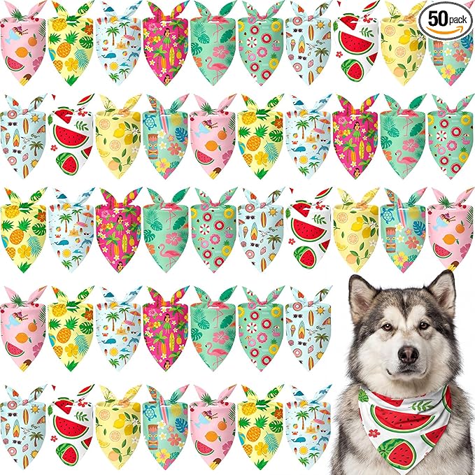 Weewooday 50 Pcs Summer Bandanas Bulk for Dogs Kerchief Bibs Scarves with Beach, Fruit, Hawaii Ice Cream Luau Aloha Pool for Small Medium Large Grooming Accessories(31.5 x 21.7 X21.7 Inch)