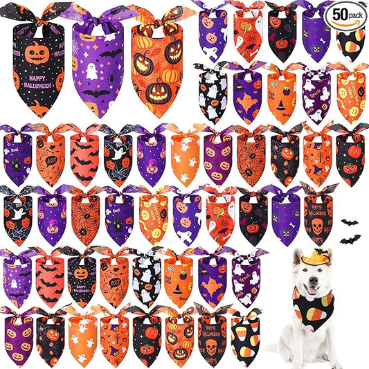 Abbylike 50 Pcs Halloween Dog Bandanas Bulk Pumpkin Bandanas for Dogs Triangle Kerchief Bibs Scarf Set for Pet Halloween Costume Photo Props Accessories Pet Shops, 25 Styles (31.5 x 21.7 x 21.7")