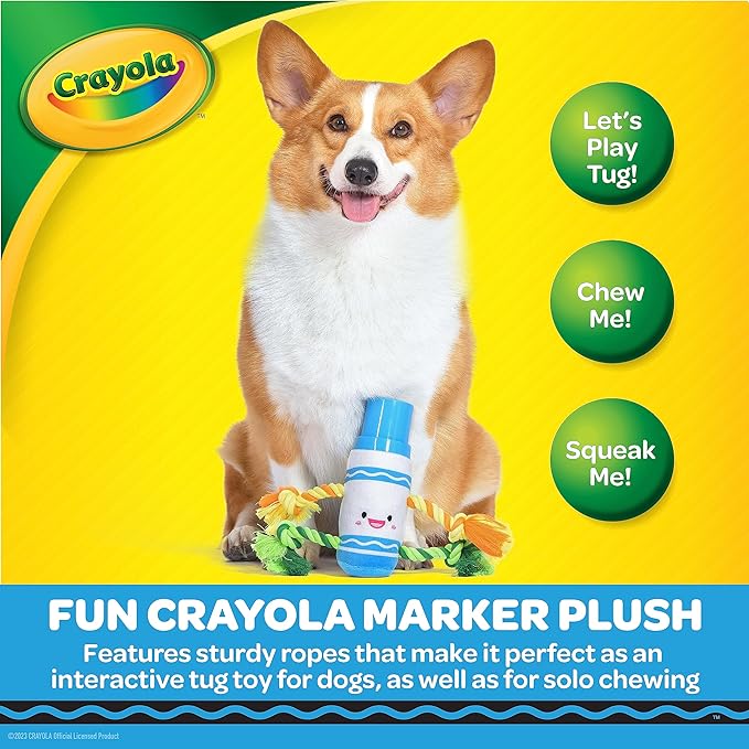 Crayola for Pets Blue Marker Rope Plush Squeaker Dog Toy, 6”, Pup-Visible Color Toys Dogs See Best, Mixed Material Enrichment Dog Toy with Chew Ropes, Rubber Cap, Plush Body with Squeaker