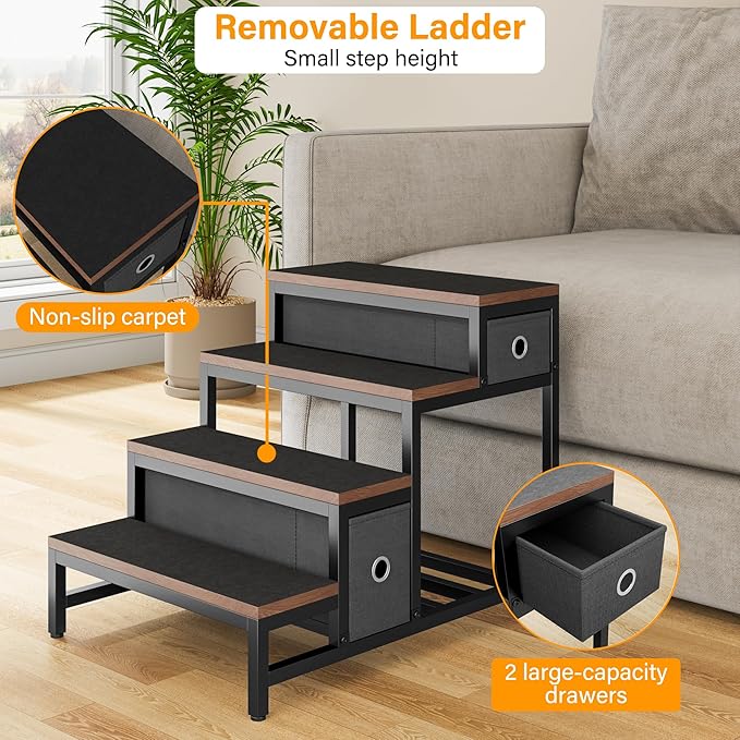 kepptory Pet Bunk Bed with Stairs and Storage, Pet Window Perch with Seat Cushion, Bedside Dogs Cot for Small, Medium Cats & Dogs, Pet Stairs Ramp(Brown)