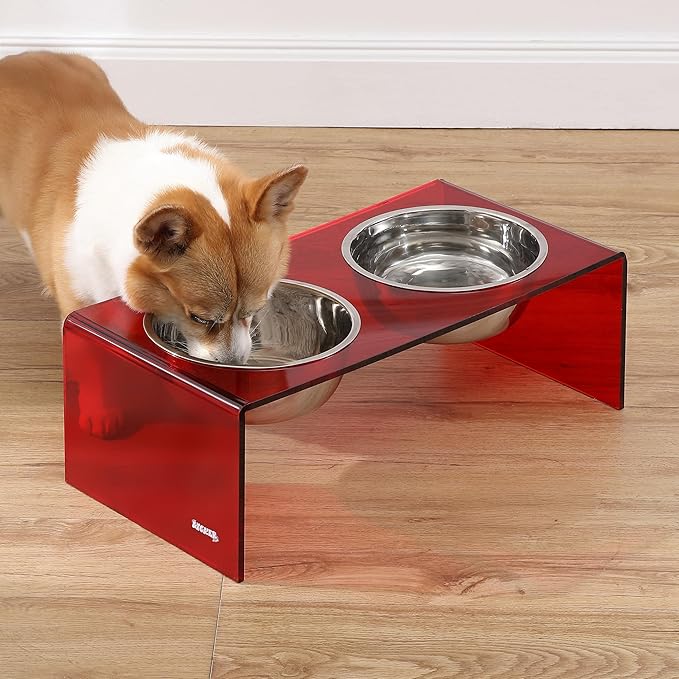 THE LICKER Store DBL2001H Keaton 7.5" Medium/Large Modern Acrylic Rectangular Elevated Pet Feeder with 54oz 2-Stainless Steel Bowls, Red/Chrome