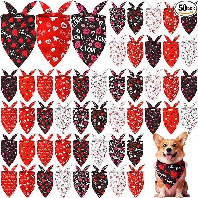 Weewooday 50 Pcs Valentine's Day Dog Bandanas Bulk for Dogs Soft Bibs Adjustable Triangle Heart Lips Bandana for Small Medium Large Pet Costume(Valentine, 25.6 x 17.7 x 17.7 Inch)