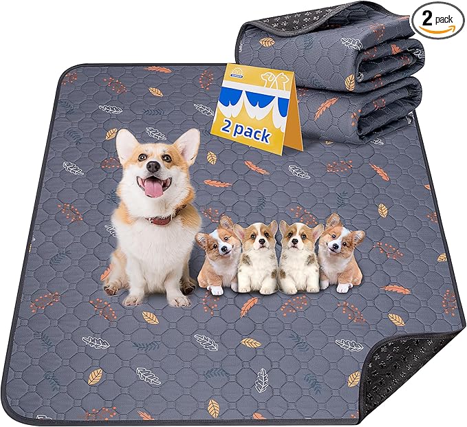 Sunheir Washable Pee Pads for Dogs 2-Pack Reusable Puppy Pads Pet Training Pads, Waterproof Dog Pee Pads for Crate, Whelping Pad, Non-Slip Protects Against Urine Leakage (Leaves - Deep Grey, 24x36)