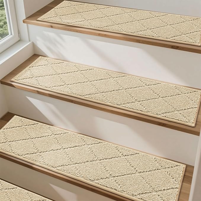 COSY HOMEER Stair Treads for Wooden Steps 9"x28",Washable Non Slip Carpet Stair Treads with Reusable Residue Free Backing Soft Peel and Stick Stair Runner Rugs for Kids Elders Pets,Warm Beige,4pcs