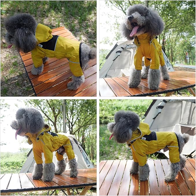 LOVELONGLONG Fleece-Lined Dog Raincoat with Removable Hood – Waterproof Winter Full Body Dog Jacket – Windproof Snowproof Cold-Weather Suit – Yellow-F XL