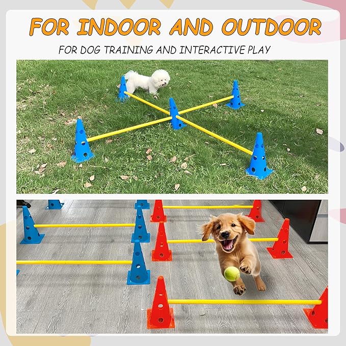 Dog Agility Hurdle Cone Set, Dog Agility Backyard Set Include Height cossbar Agility Rods, Dog Agility Equipment for Rehabilitation & Beginners(Blue+Orange)