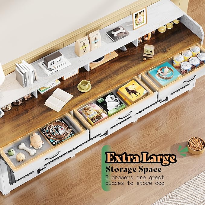 AMERLIFE 95" Large Dog Crate Furniture, Multi-Functional TV Stand with Storage Drawers & Removable Divider for Medium/Large Dogs, White Barnwood