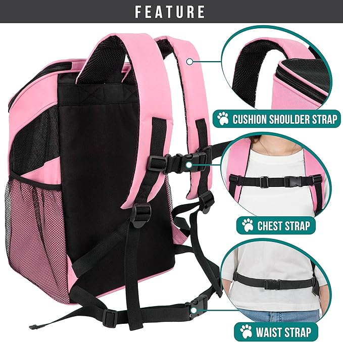 PetAmi Cat Backpack Carrier, Airline Approved Pet Carrier Backpack for Small Dogs and Large Cats, Soft Sided Collapsible Ventilated with Sherpa Bed for Hiking Travel, Max 18 lbs, Pink