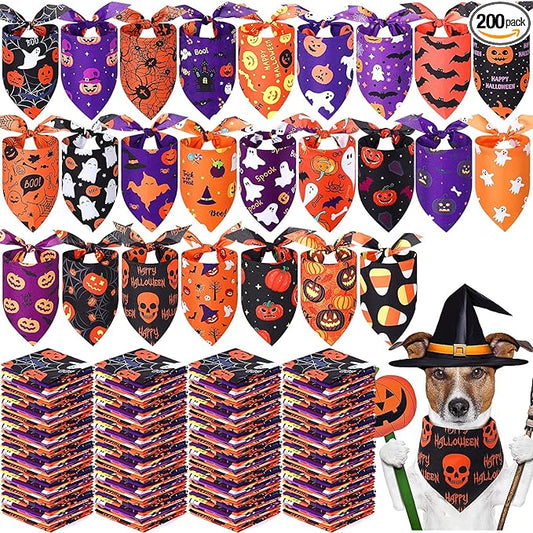 Abbylike 200 Pcs Halloween Dog Bandanas Bulk Pumpkin Bandanas for Dogs Pets Triangle Kerchief Bibs Scarf for Halloween Costume Photo Props Accessories Pet Shops Adoption Events Groomers, 25 Styles