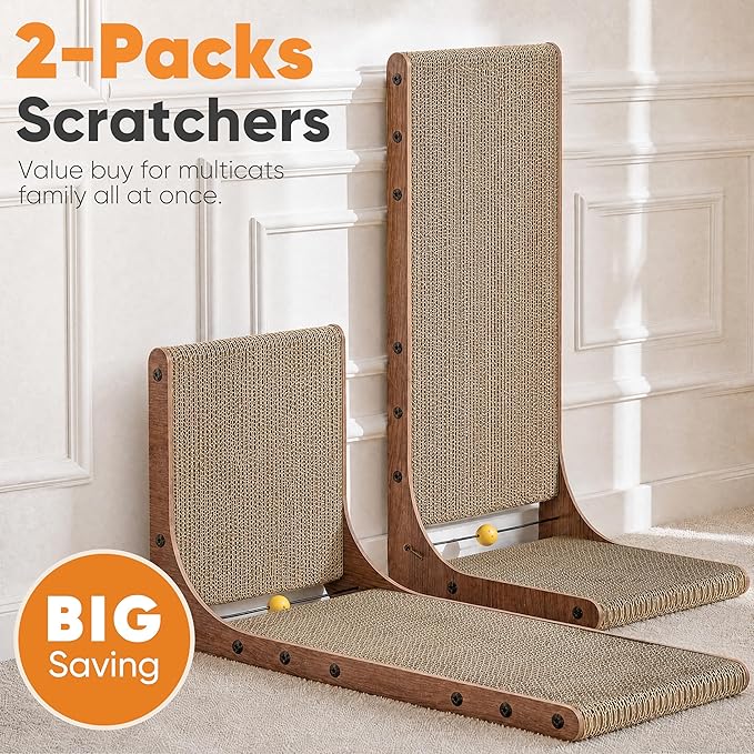 FUKUMARU Cat Scratcher 2 Packs, 25 Inch Cat Scratching Boards for Indoor Cats, L Shaped Cardboard Cats Scratcher Vertical Scartch Pads with Ball Toy, Walnut Color