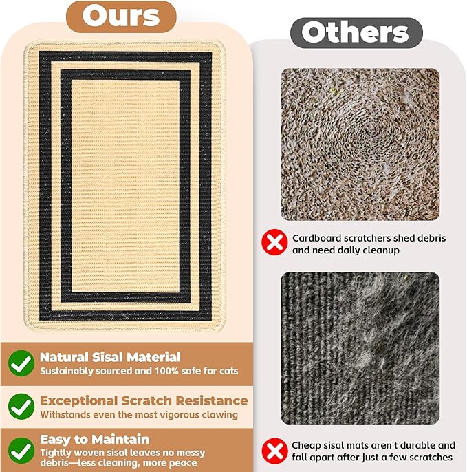 Cat Scratcher Mat, Natural Sisal Cat Scratch Pad, 23.6x15.7 Inch Horizontal Cat Floor Scratching Pads Rug with Hook & Loop to Protect Couch & Carpets & Sofas（Beige Black）