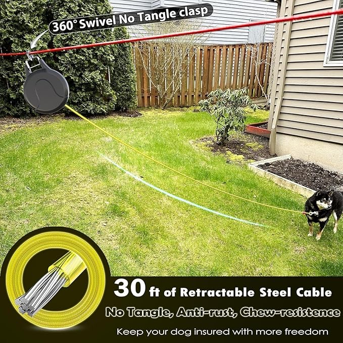 30ft Dog Tie Out Cable and Retractable Dog Leash, 2-in-1 Lead for Zipline, Aerial Run Cable Trolley Or Anchor, No Tangle Retractable Tie Out Reel for Camping Or Yard