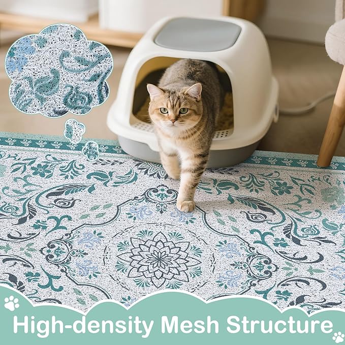 Cat Litter Mat Trapping Rug 33"x22", Large Litter Box Mat for Floor, Non-Slip Waterproof Backing, Soft Mesh Easy to Clean Pet Mat for Cat Blue Green