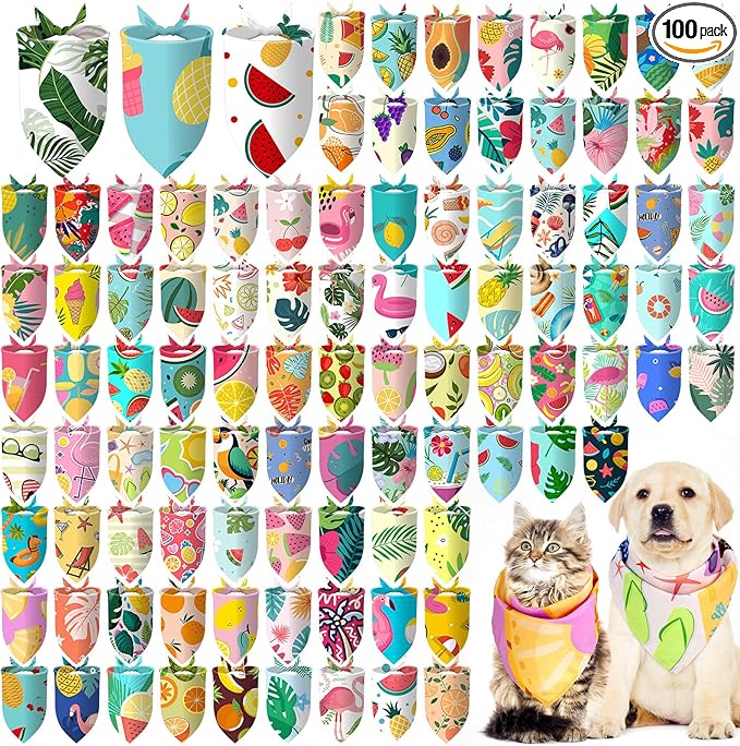 Huhumy 100 Pcs Summer Bandanas for Dogs Colorful Summer Pet Bandanas Bulk Triangle Pet Bibs Scarf for Medium Large Dogs Birthday Holiday Beach Grooming Costume Decor
